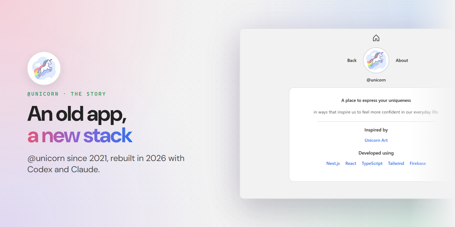Light grey cover with soft rainbow glows in the corners. On the left, the @unicorn logo, a white unicorn leaping over a rainbow, and the title "An old app, a new stack", above the line "@unicorn since 2021, rebuilt in 2026 with Codex and Claude." On the right, a screenshot of the live About page: the unicorn avatar, the line "A place to express your uniqueness", and "Developed using Next.js, React, TypeScript, Tailwind, Firebase".